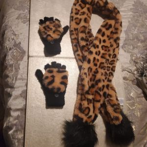 Its almost summer but its STILL COLD at W... leopard Fleece scarf/ mitten set